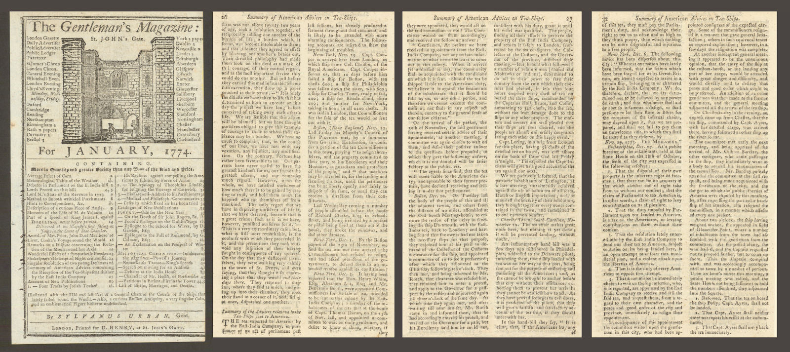 Boston Tea Party contemporary report Gentleman's Magazine printed January 1774